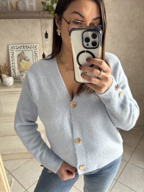 Pull boutons coeurs Marta bleu ciel