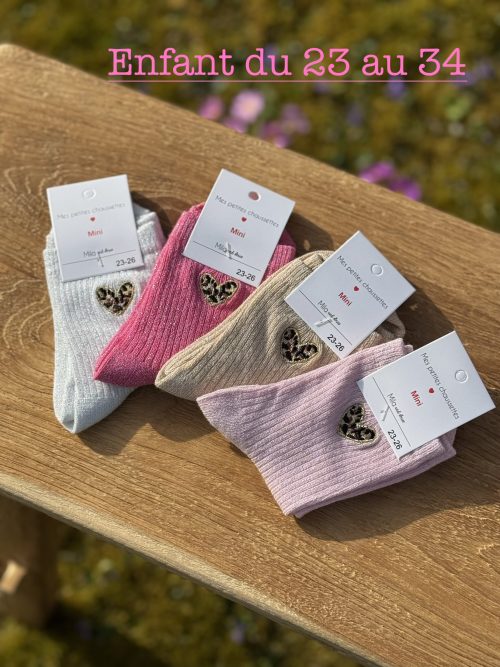 Chaussettes enfants coeur brodé léopard